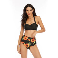 Bikini Vintage Taille Haute Noir Motifs Tournesol