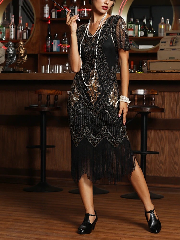 Robe Rétro Années 1920 Femme - Robe Gatsby Le Magnifique à Franges Paillettes, Manches Courtes, Idéale Pour Soirées Et Danses