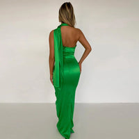 Robe Cocktail Satin Longue Verte