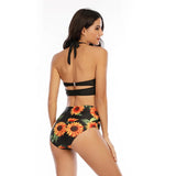 Bikini Vintage Taille Haute Noir Motifs Tournesol Pin-Up