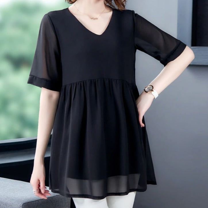 Blouse Grande Taille 50/52 - Blanc Et Noir - Polyester - Manches Courtes