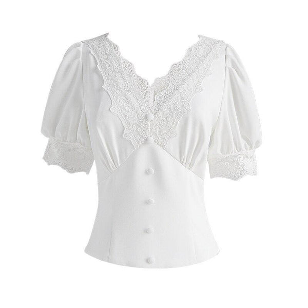 Chemisier Rétro Chic Manches Bouffantes Blanc Vintage-Dressing