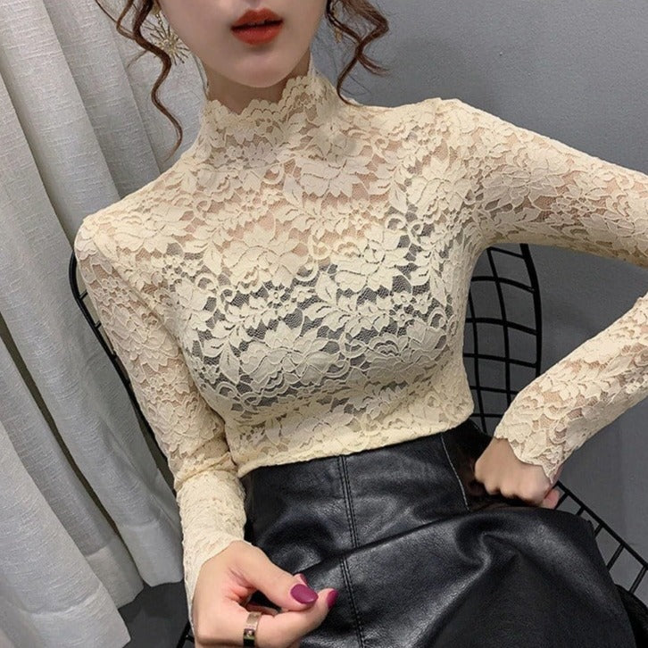 T-Shirt Transparent Hollow Out Femme - Crop Top Dentelle Manches Longues Chic Et Élégant