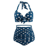 Maillot De Bain Vintage Taille Haute Bleu Pois Blanc Pin-Up