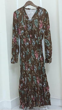 Robe Vintage Mousseline de Soie Fleurie Marron Rétro