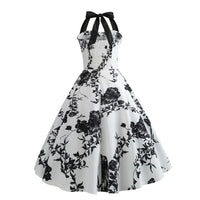 Robe Vintage Style Pin-Up Guinguette Blanche à Fleurs Noires