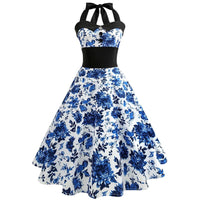 Robe Vintage Pin-Up Motif Fleurs Bleues
